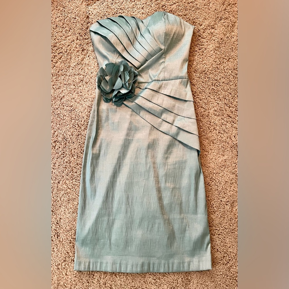 Metallic teal strapless cocktail dress